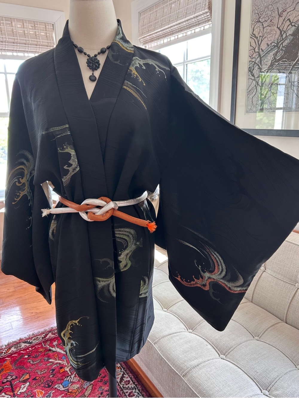 Vintage Black Silk Haori Jacket with Metallic Wave Motif & Curated Obijime Set